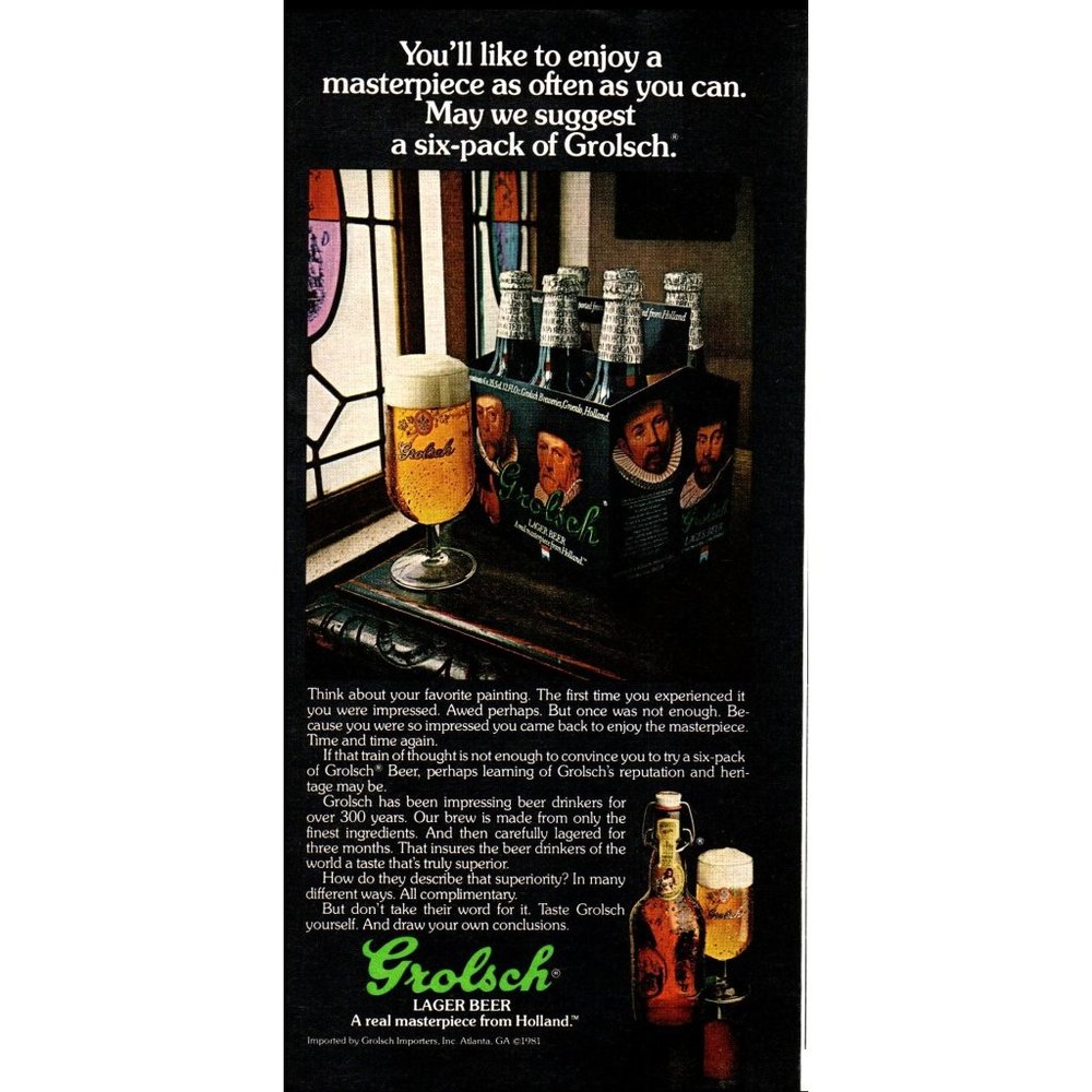 1982 Grolsh Dutch Lager Beer Vintage Print Ad 6 pack Holland Wall Art Man Cave
